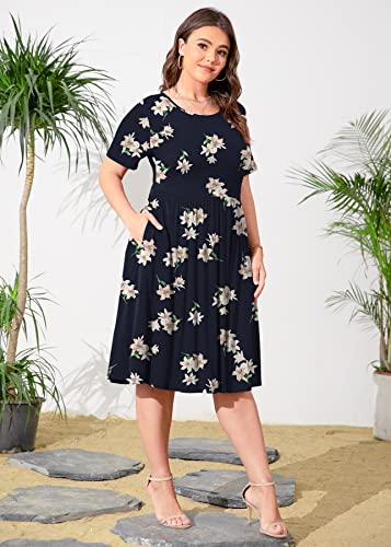 Image of POSESHE Womens Plus Size Summer Dress 2026 Casual Short Sleeve Empire Waist Loose Fit Swing T-Shirt Dress with Pockets