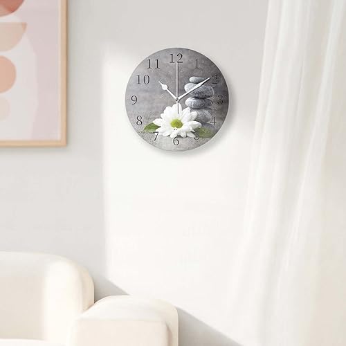 Miniatura 4 de Relojes de pared a pilas de 12 pulgadas, piedra gris y flores, decoración silenciosa del hogar para baño, sala de estar, dormitorio