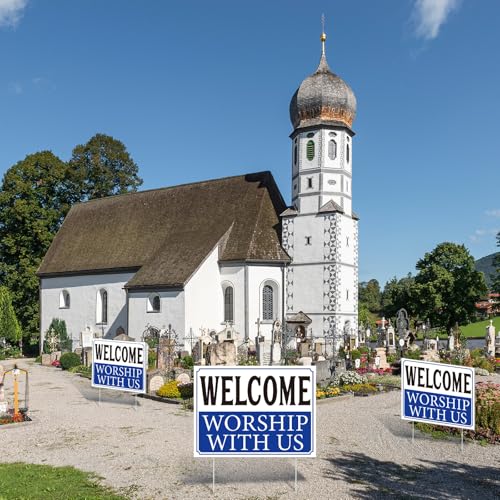 AceOrbit 3 Pack 11.8 x 15.8 Inches Welcome Worship with Us Yard Lawn Church Sign with Stake Outdoor Signs Waterproof for Lawn, Patio, Sidewalk, House