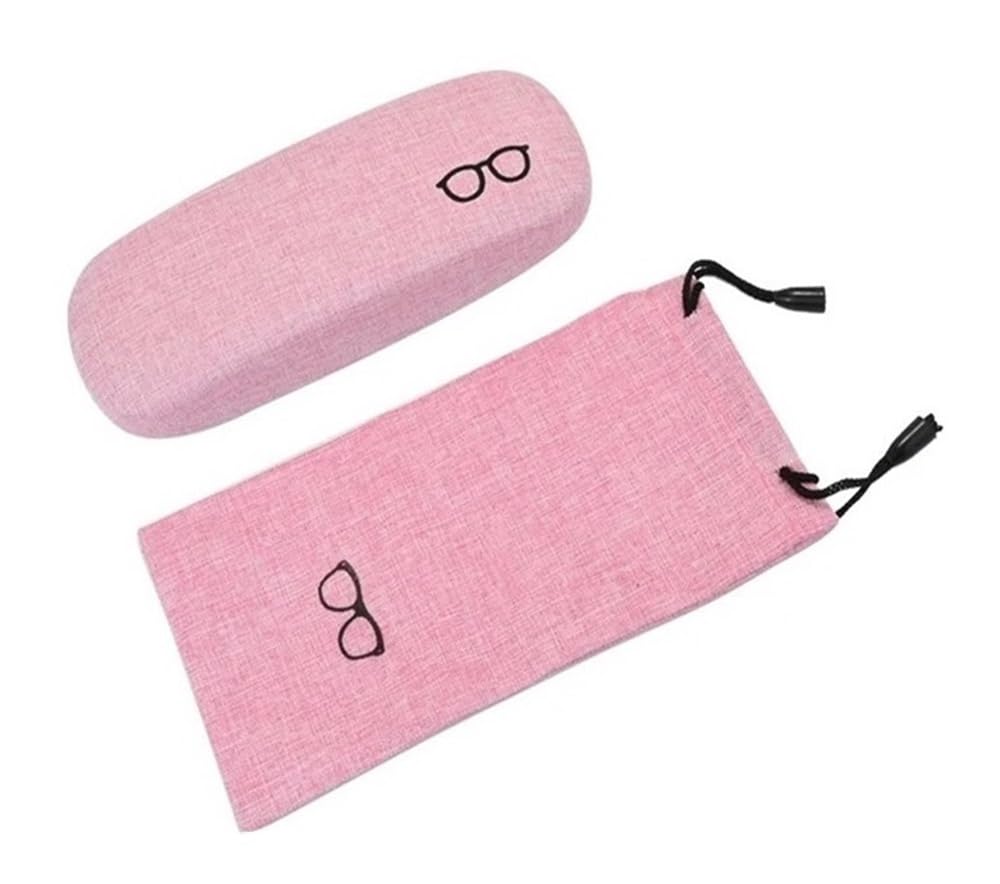 Amibvzhang Hard-shell Fabric Glasses Case With Storage Pouch Chain Cleaning Cloth Linen Protective Reading Organiser With Plush Lining(Roze)