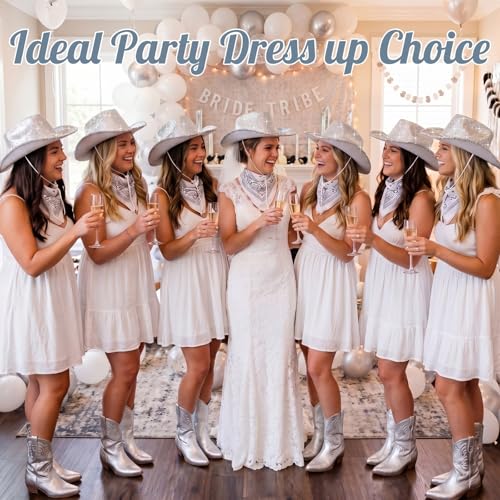 Image of Coume 12 Pcs Sparkly Adults Cowboy Hat and Bandanas Women Men Western Glitter Cowgirl Party Hats with Adjustable Drawstring