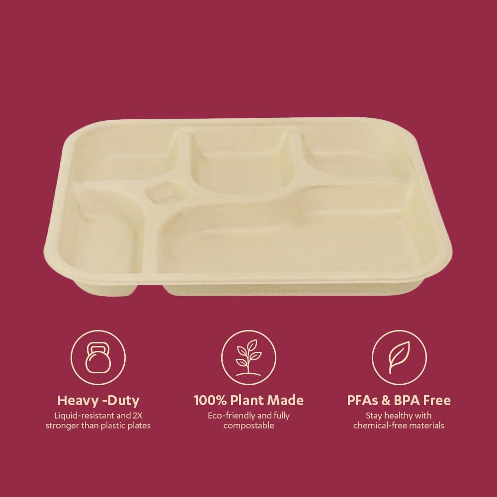 CHUK 5 Compartment Heavy Duty Compostable Plates, 25 Pack, 12 x 9.5 Inch image 5