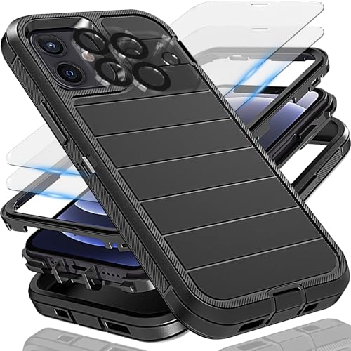 Protection 3 en 1 iPhone 12 coque caoutchouc antichoc noire et 2 verres écran
