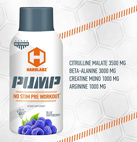Image of HARDLABZ PUMP - Non-Stimulant Caffeine Free Powerful Liquid Pre-Workout Energy Shot with Citrulline, Beta-Alanine, Creatine, Arginine for Strength and Stamina, Zero Sugar, 2oz - 12 Pack