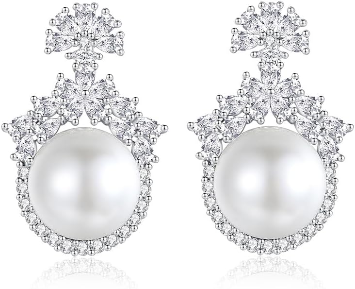 Natural Pearl Drop Earrings with D-Color Moissanite Halo in 14K Gold, June Birthstone Stud Gifts for Mom, Wife on Christmas, Mother's Day