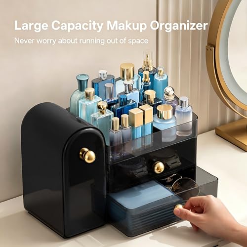 Image of HBlife Makeup Organizer Countertop with Drawers, Cologne Organizer for Men, Vanity Organizers with Brush Holder, Bathroom Countertop Organizer Skin Care Storage, Gift for Dad Husband, Black and Gold