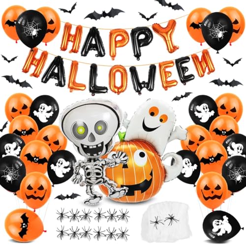 XXL Happy Halloween Globos de Aluminio,Globos Fantasma Calabaza Negro Naranja,Murciélago Araña Accesorios,Decoraciones para fiestas temáticas de Halloween