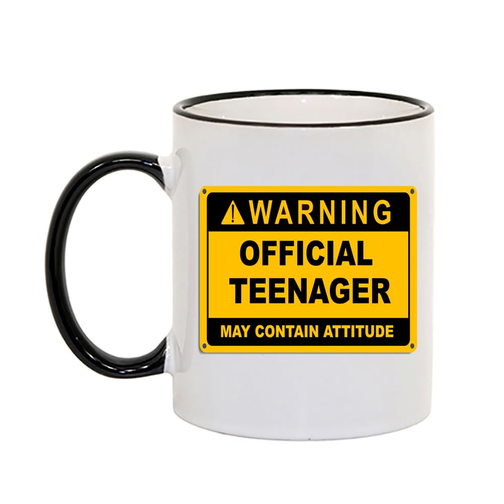 Crunchy Carrots Teenager Mug - Warning Official Teenager May Contain Attitude - Cup - Funny 13th Birthday Teen 13 Years Old Coloured Rim Coloured Handle 11 oz Mug (Black Rim)