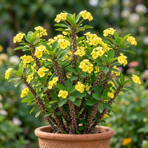 Yellow Euphorbia Crown of Thorns Plant Hardy Euphorbia Milii Live Plant 4 Pot Perennial Plant for Outdoor Indoor Growing 4-6 Inch Tall Well-Rooted