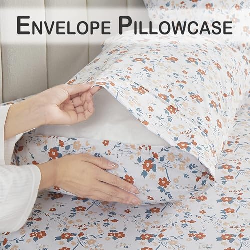Image of Softan Floral Full Sheet Set, Orange Flower Printed Bed Sheets - 4 Piece Soft Microfiber Patterned Fitted Sheets with 15 inch Deep Pocket & Non-Slip Straps, Cute Flower Sheets & Pillowcase Set