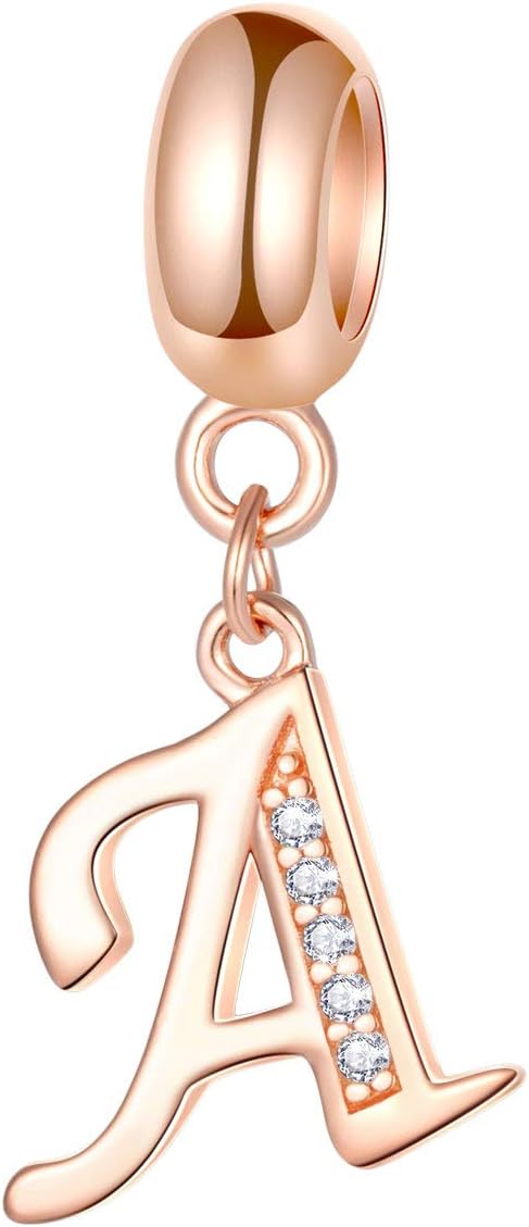 EMOSTAR Letter Charms Initial A-Z Alphabet Beads, Rose Gold 925 Sterling Silver Dangle CZ Birthstone Pendant, Gifts for European Charm Bracelet/Mothers Day/Birthday