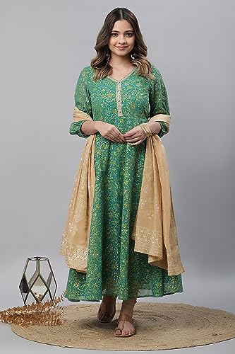Image of Aurelia Women's Poly Georgette Regular Fit Lush Meadow Floral Printed Flared Kurta
