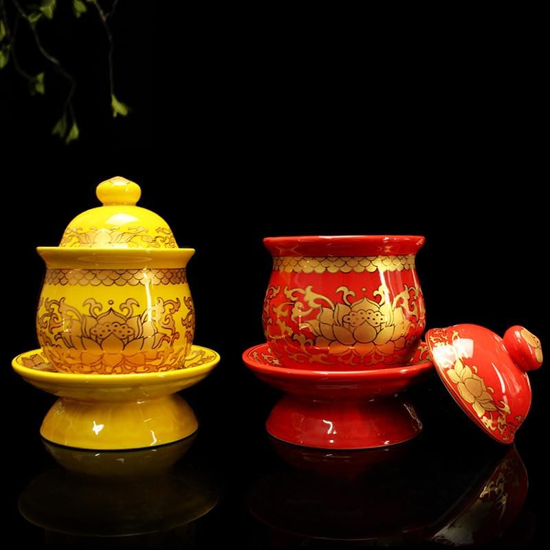 Mascot Desktop Decoration Buddhist Utensils Religious Pray Sacrificial Supplies 财神杯观音净水杯大悲咒心经贡水杯佛前供水杯圣水杯供佛杯莲花 1Pcs(小号招财杯（黄色）)