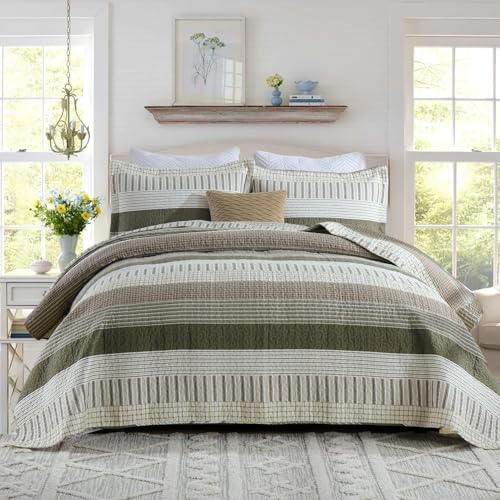 Image of PANGUSHAN 100% Cotton Quilt Set Queen Size, Patchwork Queen Quilt Bedding Set Bedspreads, Farmhouse Lightweight Comforter Reversible Quilt, Queen Bed Spread for All Season, Green /Brown /Cream