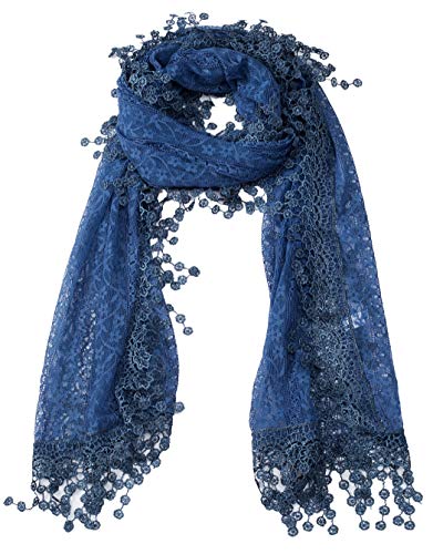 Women's lightweight Feminine Lace teardrop fringe Vintage Mesh Crochet Tassel Scarf for Women (Denim Blue with Fringes)