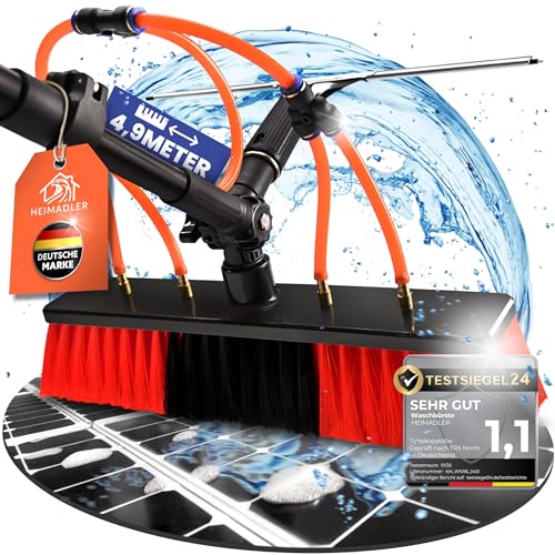 Teleskop Waschbürste mit Teleskopstiel 4,9m - 4 Starke Düsen + Abzieher & Seifenspender Teleskopstange-Fensterreinigung für PV Anlage Wintergarten Reinigungsset Teleskop-Fensterwischer Wasserbesen