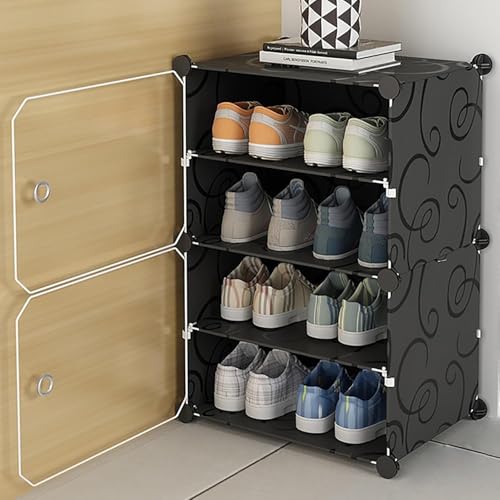 Image of KRISHYAM DIY Plastic Shoe Rack with Door Cover | 4 Layer Foldable Shoes Rack for Home | Dustproof Chappal & Slipper Stand | Multipurpose Organizer for Entryway & Bedroom(4 Shelves-2 Door (Black))