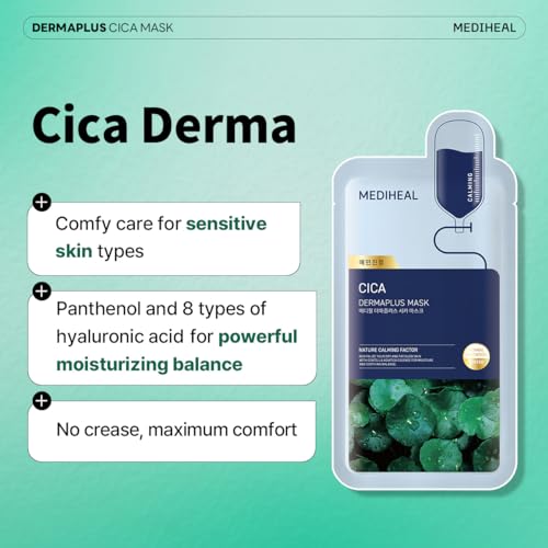 Image of MEDIHEAL Dermaplus Cica Mask (10 Counts) - Daily Vegan Mask for Calming Skin with Panthenol & Hyaluron, Korean Self Skin Care Sheet Mask