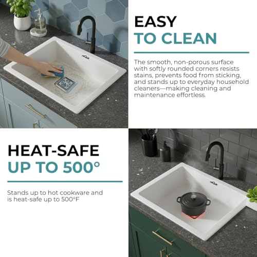 Image of ARQUIN Quartz Kitchen Sink 21x18x9 Inch White | Single Bowl Sink | Durable & Scratch-Resistant | Undermount /Topmount Including Coupling, Waste Pipe & Fruit Washing Basket