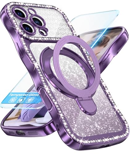 Coque iPhone 16 Pro strass et cadre doré chic avec béquille violette