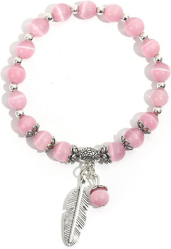 KHOLAD Pink Quartz Pearl Beaded Stretch Bracelets with Sliver Hanging Leaf Charm for Women Girls Kids Couple Natural Stones Hand Bracelets (B0CFHGQCR9) Amazon Price History, Amazon Price Tracker