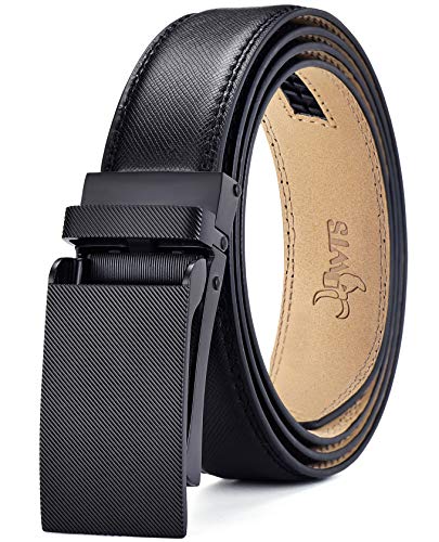 DWTS Mens Belts,Real Genuine Leather Ratchet Dress Belt with Slide Click Buckle Adjustable Trim to Fit,Elegant Gift Box