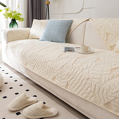 Xslive Farmhouse Couch Cover Solid Color Neutral Sofa Cover Soft Cotton Quilted Sectional Couch Covers Non Slip Washable Sofa Slipcover Furniture Protector For Living Room (Ivory A,36"X70") #TOP4