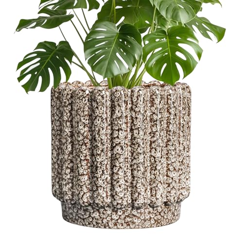 Ceramic Planter - 9.6 Inch Plant Pots Indoor with Drainage Hole, Round Fluted Ceramic Flower Pots, Decorative Planter Outdoor, Home Decor, Plant Lover Gifts for Women, Leopard Print White
