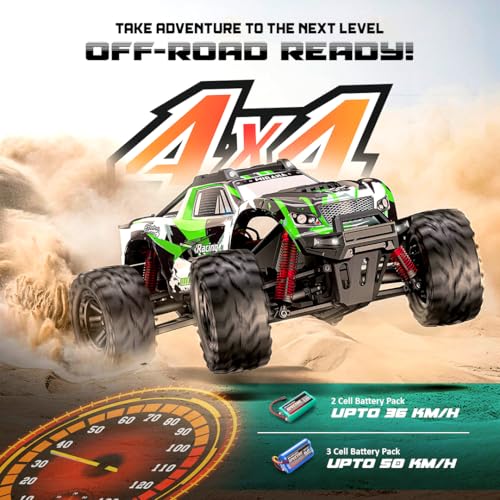 Image of Mirana Spectre 1:10 High Speed Hobby Grade RC Car Toy for Kids & Adults up to 50 kmph - 4x4 Remote Control Offroad Monster Truck ATV - 2 & 3 Pack Rechargeable Batteries - for Ages 14+ Years (Green)
