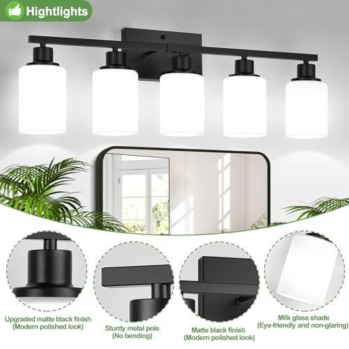 Image of Indoi 5-Light Bathroom Light Fixtures, Matte Black Modern Vanity Lights with Milky White Shades, Bathroom Wall Lamp for Mirror Living Room Cabinet Bedroom Porch