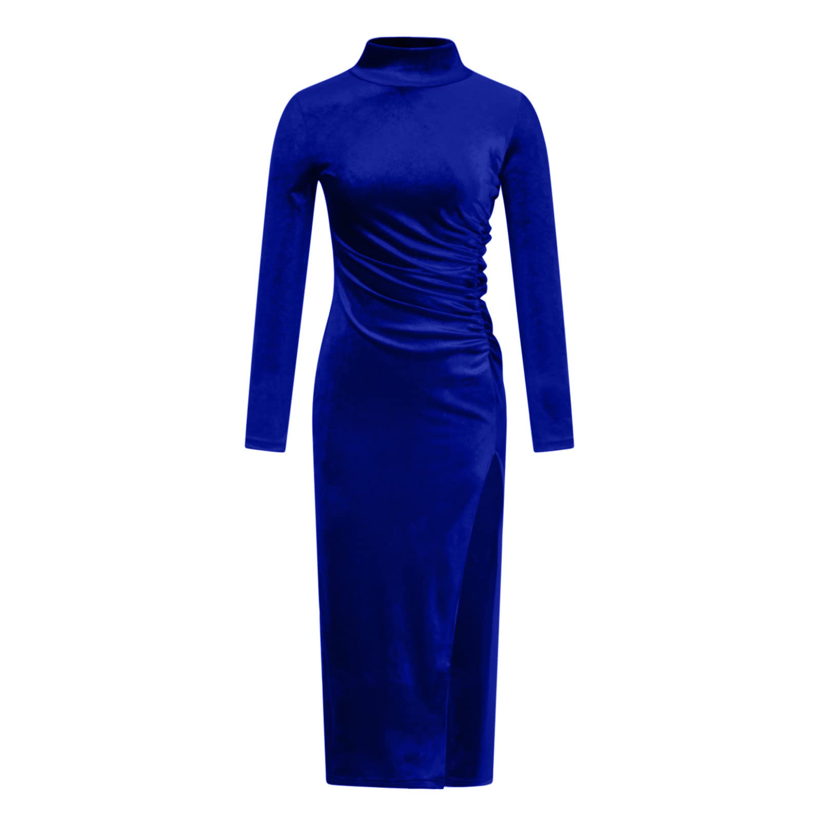 Robe vintage en velours avec col en V et col roulé - Manches longues - Robe de soirée moulante - Robe de bal élégante et rétro, 1056-Bleu, XL
