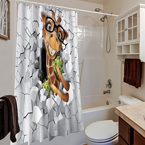 Broshan Animal Bath Shower Curtain Cute Giraffe With Glasses Breaking Into Wall 3D Art Printing Funny Shower Curtains For Kids Bathroom , White Brown Fabric Bathroom Decor Set With Hooks #TOP2