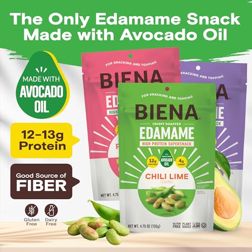 Biena Crispy Roasted Edamame Beans Snack – High Protein Snack for Adults & Kids, 12g-13g Protein per Serving - Made with Avocado Oil – Vegan, Low Carb, Gluten-Free – 3-Pack 4.75oz Variety Pack - Thumbnail 3