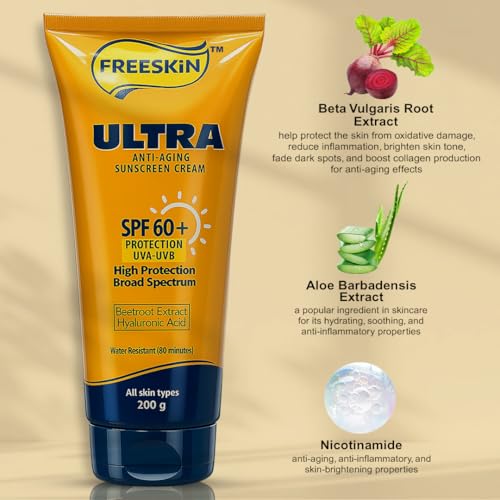 Image of Freeskin Ultra Anti-Aging Sunscreen Cream SPF 60+ | Broad Spectrum UVA /UVB High Protection | Enriched with Beetroot Extract & Hyaluronic Acid | Suitable for All Skin Types - 200g