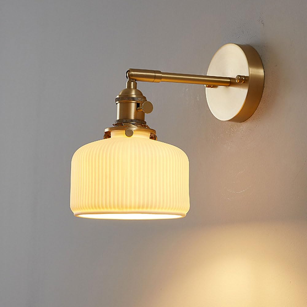 HPTHLY Adjustable Bedside Wall Lamp Brass Wall Sconce Cylindrical Ceramics Wall Light With Rotary Switch, Rotatable Nordic Wall Lighting Fixture For Bedroom