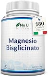 Magnesio Bisglicinato Chelato 1000mg - 180 Capsule Vegane - 3 Mesi di Fornitura - Fornisce 200mg di Mag Glicinato Elementare per Dose - Prodotto in Europa - Nu U Nutrition