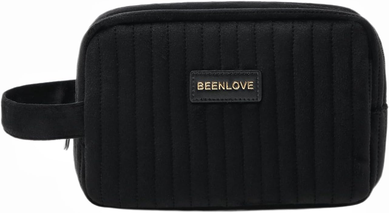 Makeup Bag Travel Cosmetic Bag for Women,Zipper Make Up Pouch with Handle Velvet Soft Toiletry Organizer Storage Bag Cosmetic Travel Cloth Bag(Black)