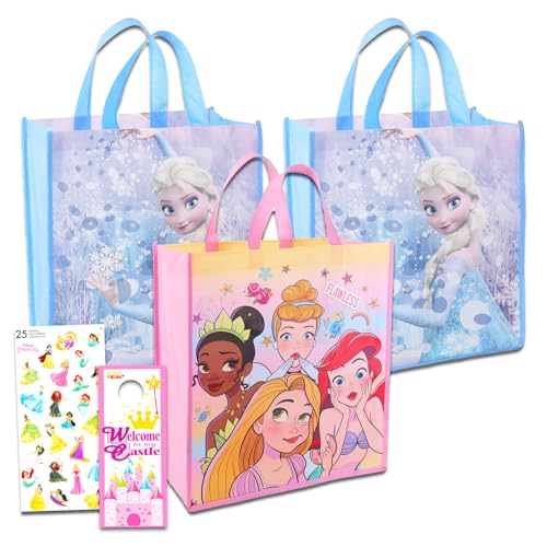 Disney Princess Tote Bag Set - Bundle of 2 Large and 1 Mini Reusable Princess Grocery Bags with Disney Princess Stickers | Princess Party Supplies