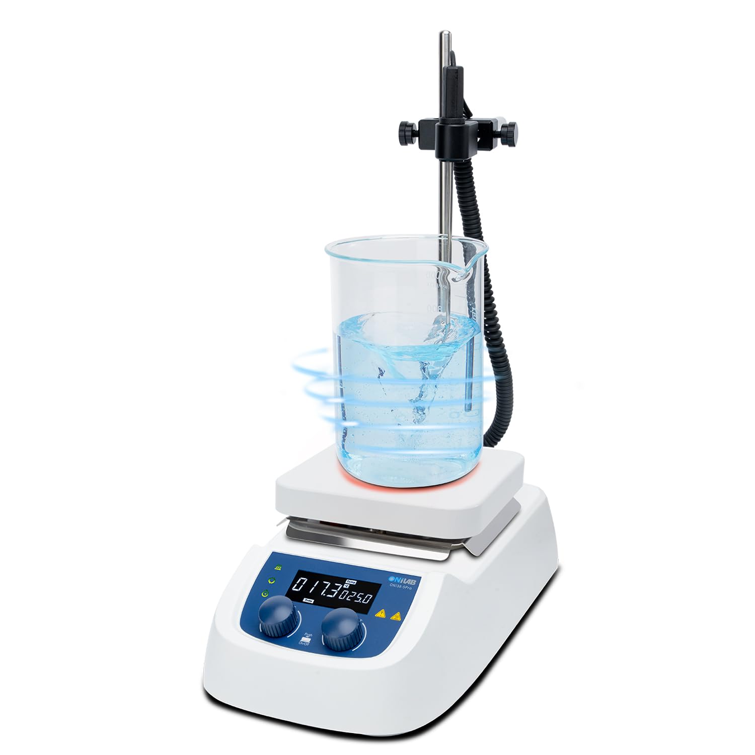 ONiLAB Agitador magnético digital LCD de 380 ℃ con placa de trabajo de aluminio recubierto de cerámica y caja de metal, temporizador 1 min-99 h59 min, 200-1500 rpm, 5 L, sensor de sonda de temperatura