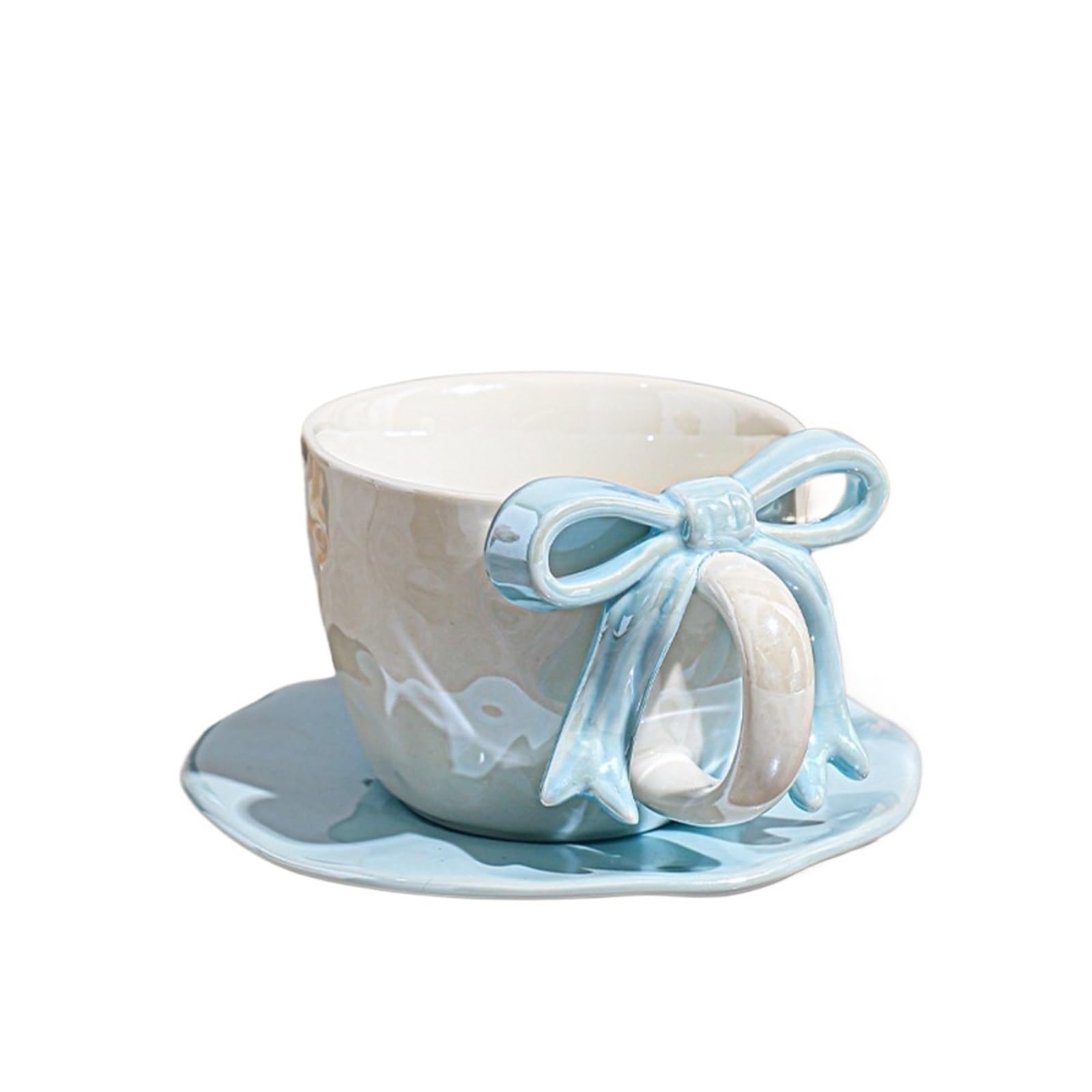 Tassen, Becher und Untertassen, Keramik-Kaffeeset, 380-ml-Bogengriffdesign mit Untertasse, Latte-Art-Tasse, elegantes Tee- und Kaffeeset für Damen(Blue)