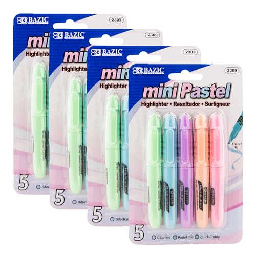BAZIC PRODUCTS Mini Pastel Highlighters, Chisel Tip, 5 Count, 4-Pack