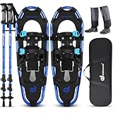 Odoland Raquetas de Nieve Juego 4 en 1 para Hombres y Mujeres, Raquetas Nieve Ajustables con Bastones de Trekking, Polainas de Pierna Impermeables y Bolsa de Transporte, Azul, M