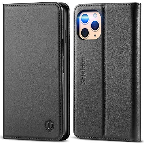 SHIELDON iPhone 11 Pro Max Case, Genuine Leather Auto Sleep Wake Wallet Case