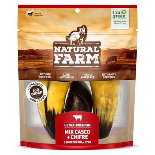 Kit 4 Unidades: 2 Cascos + 2 Chifres Natural Farm para Cães, Roer e Brincar, Livre de Conservantes,