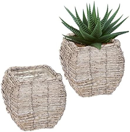 Relaxdays Blumentopf Set Aus Rattan - 2 Weiße Pflanzkörbe, 17x20 Cm, Mit Folie, Für Innen
