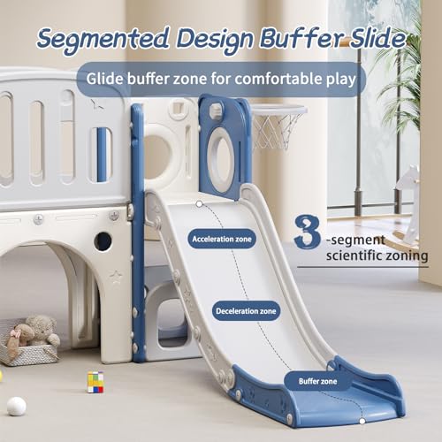 8 in 1 Toddler Slide,Kids Climber Slide with Storage Space and Non-Slip Steps,Indoor Outdoor Playset with Basketball Hoopa and Telescope,Slide for Toddlers Age 1-8 (White+Blue)