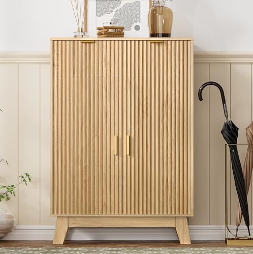 Image of HUANLEGO Shoe Cabinet Storage for Entryway, 4 Tier Fluted Shoe Storage Cabinet with 2 Drawers, Narrow Hidden Shoe Organizer with Adjustable Shelves, Freestanding Shoe Rack for Entryway, Hallway, Oak