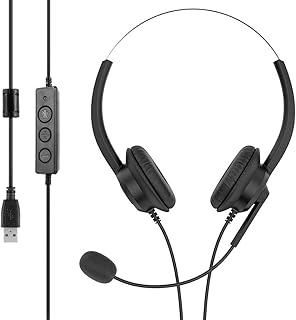 Computer USB Headsets Wired PC Telephone HeadPhones with 360° Adjustable Microphone Mute Function Noise Canceling Ideal for Skype Chat, Online Learing, Conference Calls, Voice Chat, Softphones Call, Gaming etc