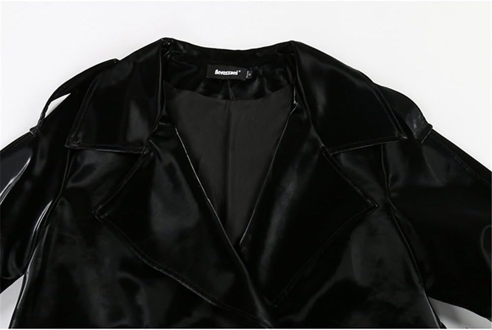 HEYDHSDC Autumn Long Cool Black Shiny Glitter Patent Faux Leather 