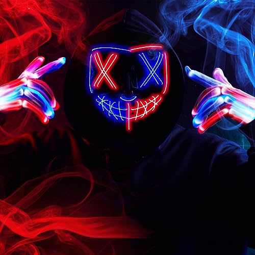 Image of JOYIN Halloween Led Mask, Light Up Mask and Gloves for Cosplay Costume (Red & Blue), 3 Modes Scary Glow in The Dark Masks for Boys Girls Halloween Party Dress Up Accessories, Gifts Giving